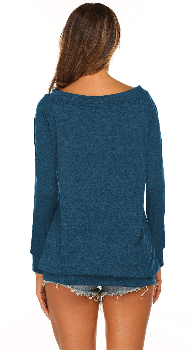 Halife Womens Tees Loose Fit Long Sleeve Off Shoulder Tops Cute Blue S - Image 5